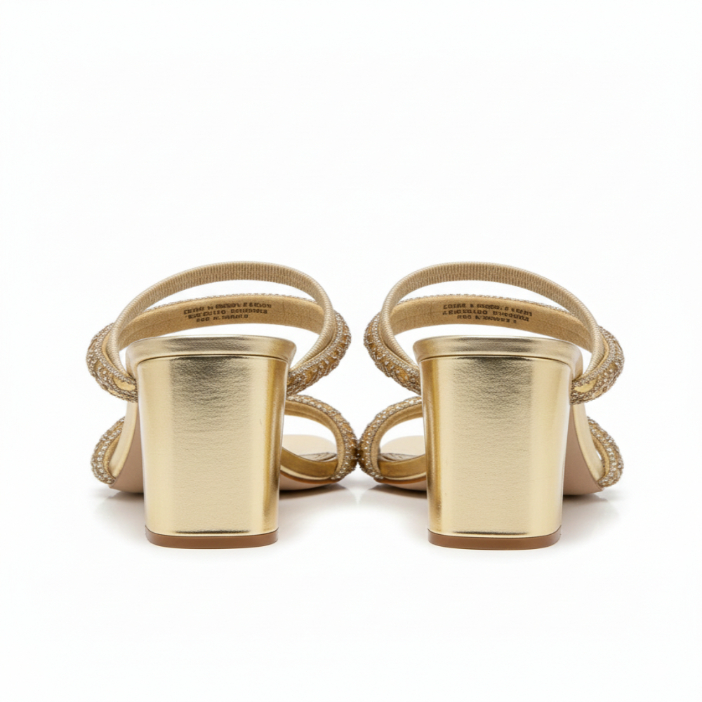 Womens Gold Embellished Block Heel Slide Sandals